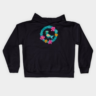 Colorful bird in a green wreath with flowers | repeat pattern Kids Hoodie